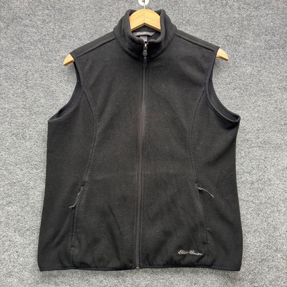 Eddie Bauer Fleece Vest Womens Size L Black Full Zip Stand Collar Pockets Casual